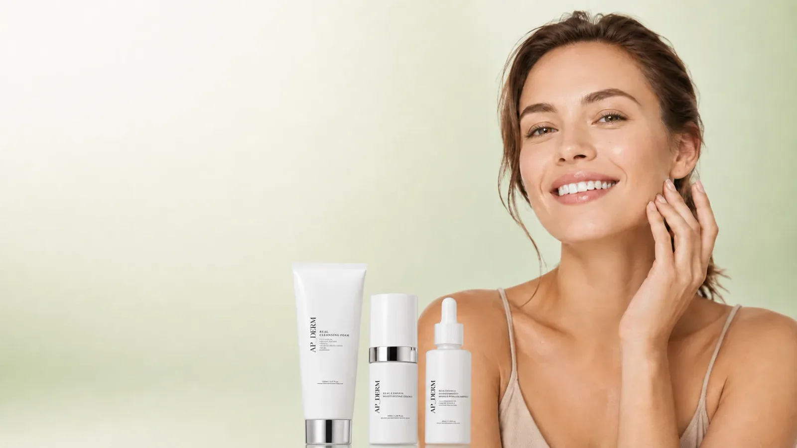 Smiling woman with AP Dermatology skincare products